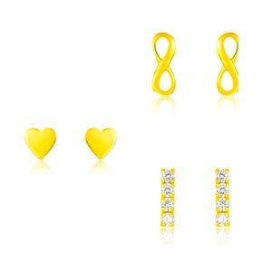14K Gold Sterling Silver Heart Infinity Bar Stud Earrings- Set of 3